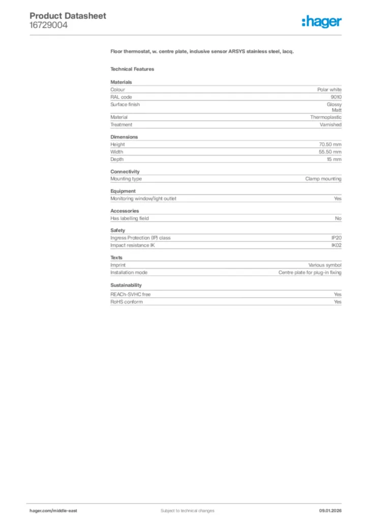 Image Hager Product data sheet 16729004  | Hager