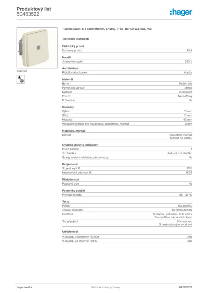 Obrázek Hager Product data sheet 50463522 | Hager