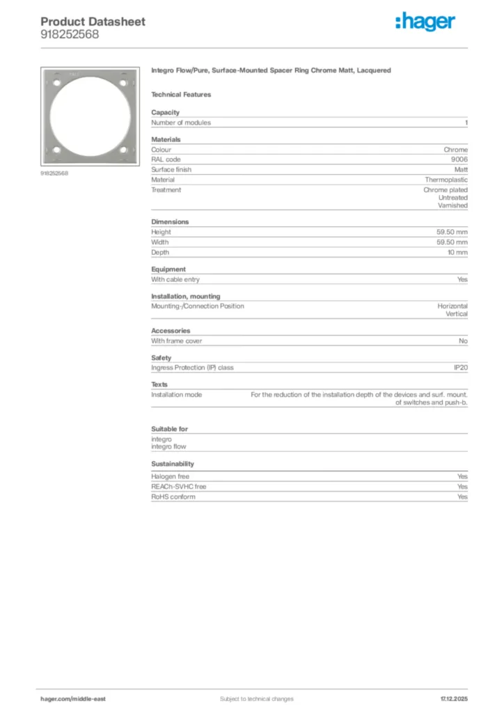 Image Hager Product data sheet 918252568  | Hager