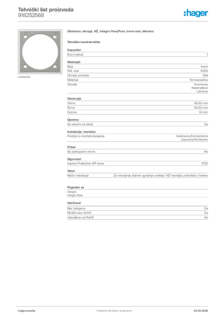 Slika Hager Tehnički list proizvoda 918252568  | Hager