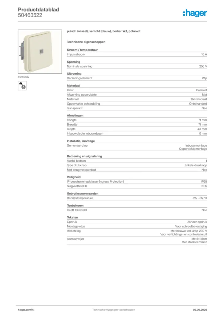Afbeelding Hager Productdatablad 50463522 | Hager Nederland