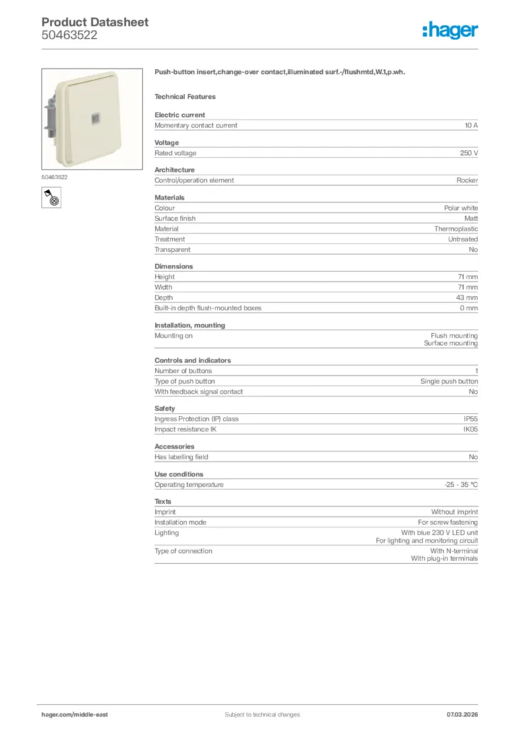 Image Hager Product data sheet 50463522  | Hager