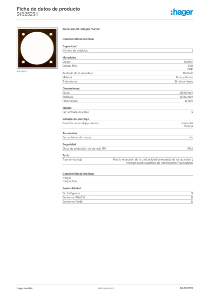 Imagen Hager Ficha de datos de producto 918252511 | Hager España