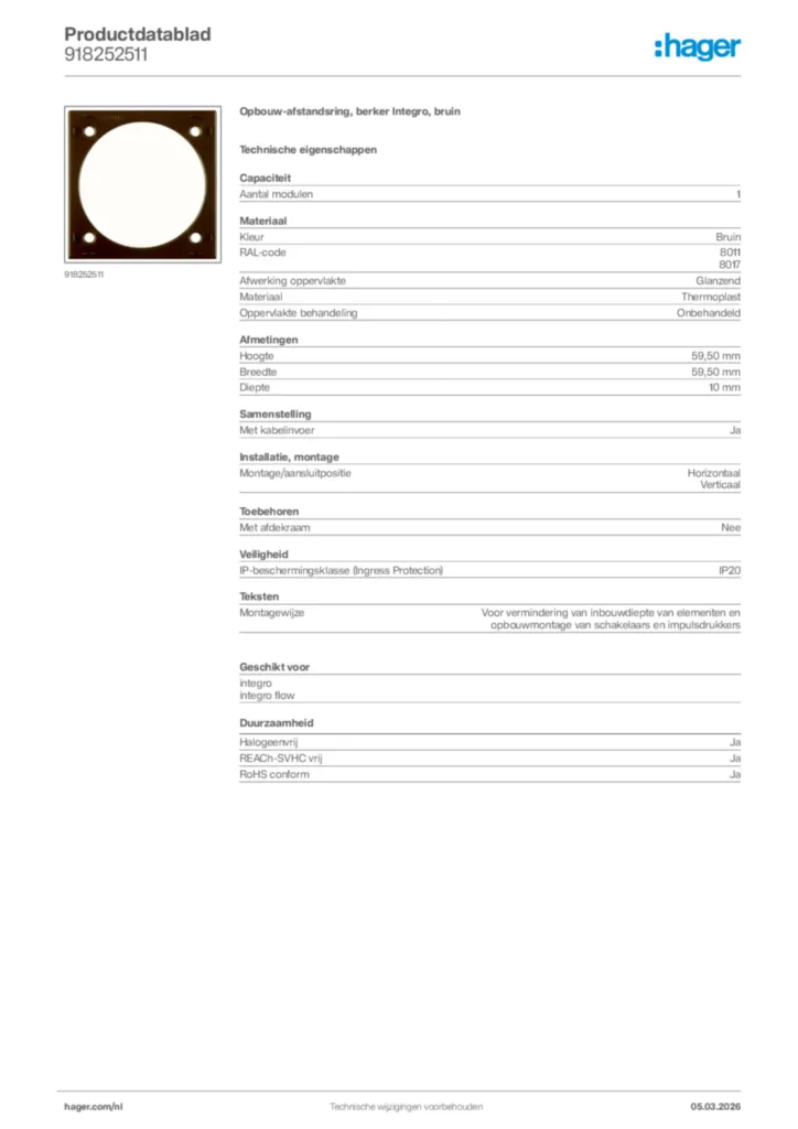 Afbeelding Hager Productdatablad 918252511 | Hager Nederland