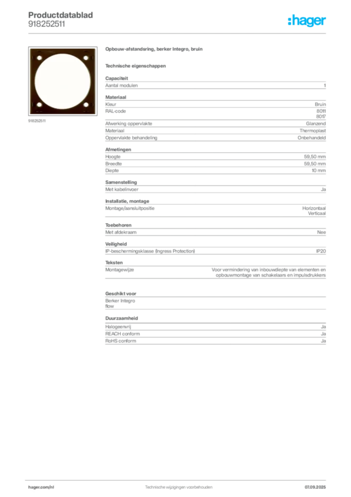 Afbeelding Hager Productdatablad 918252511 | Hager Nederland