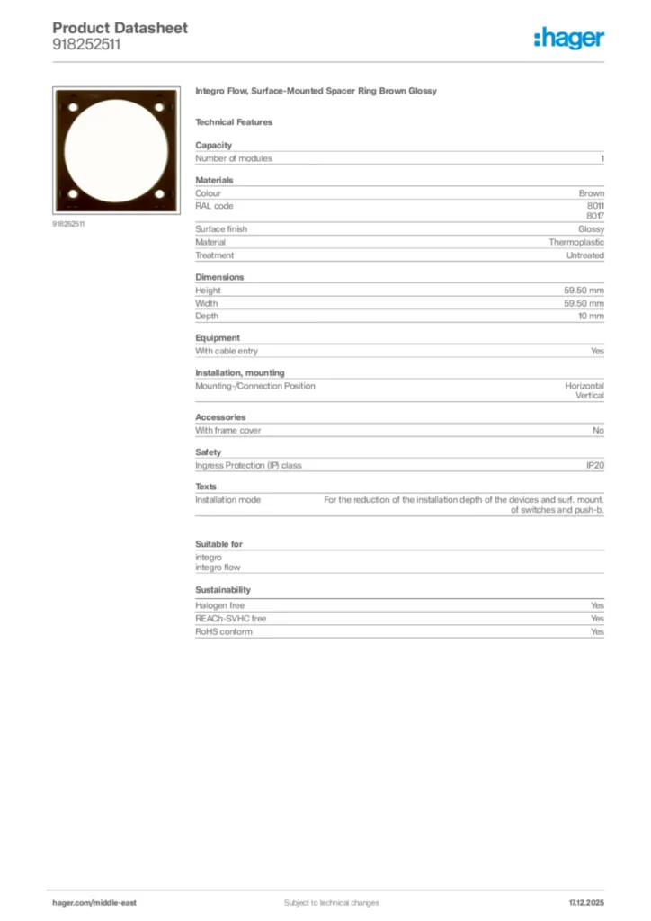 Image Hager Product data sheet 918252511  | Hager