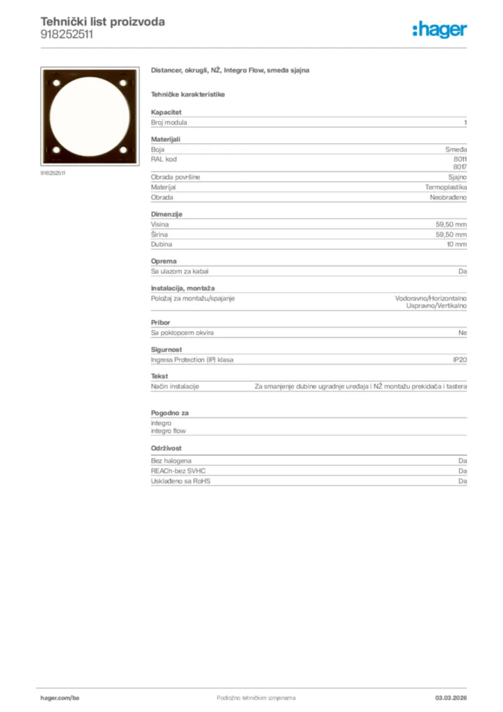 Slika Hager Tehnički list proizvoda 918252511  | Hager