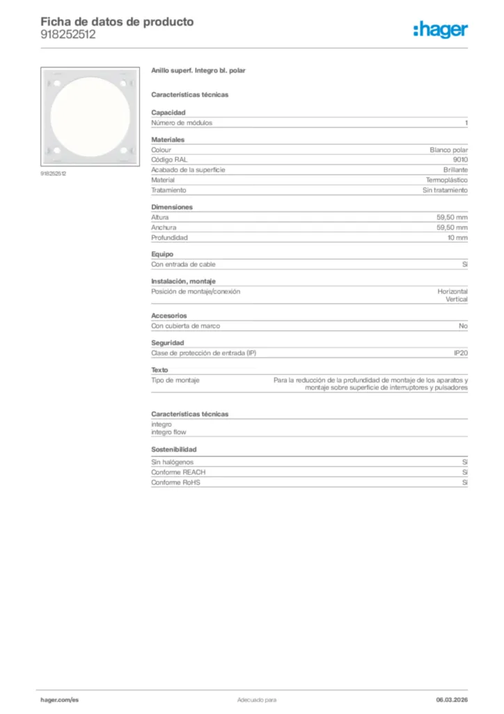 Imagen Hager Ficha de datos de producto 918252512 | Hager España