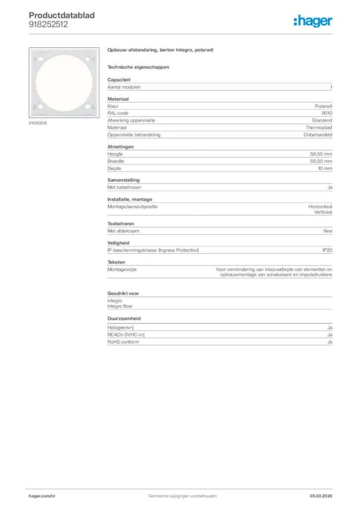 Afbeelding Hager Productdatablad 918252512 | Hager Nederland