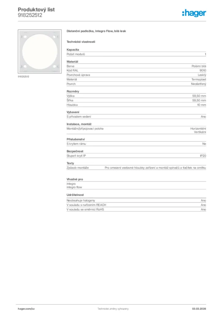 Obrázek Hager Product data sheet 918252512 | Hager