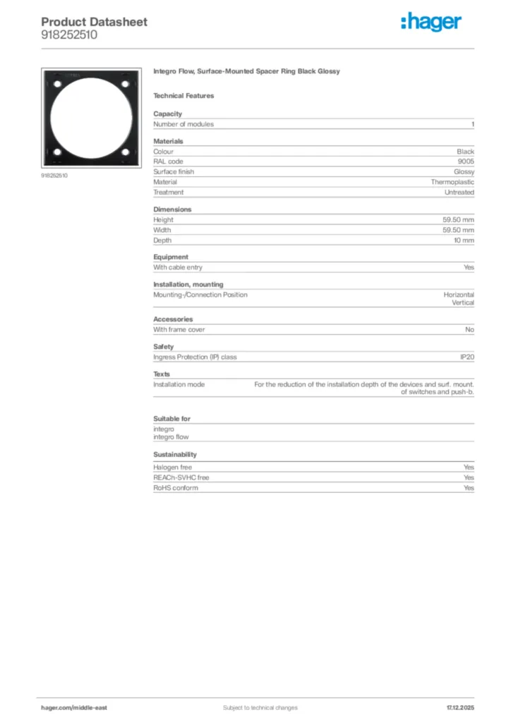 Image Hager Product data sheet 918252510  | Hager