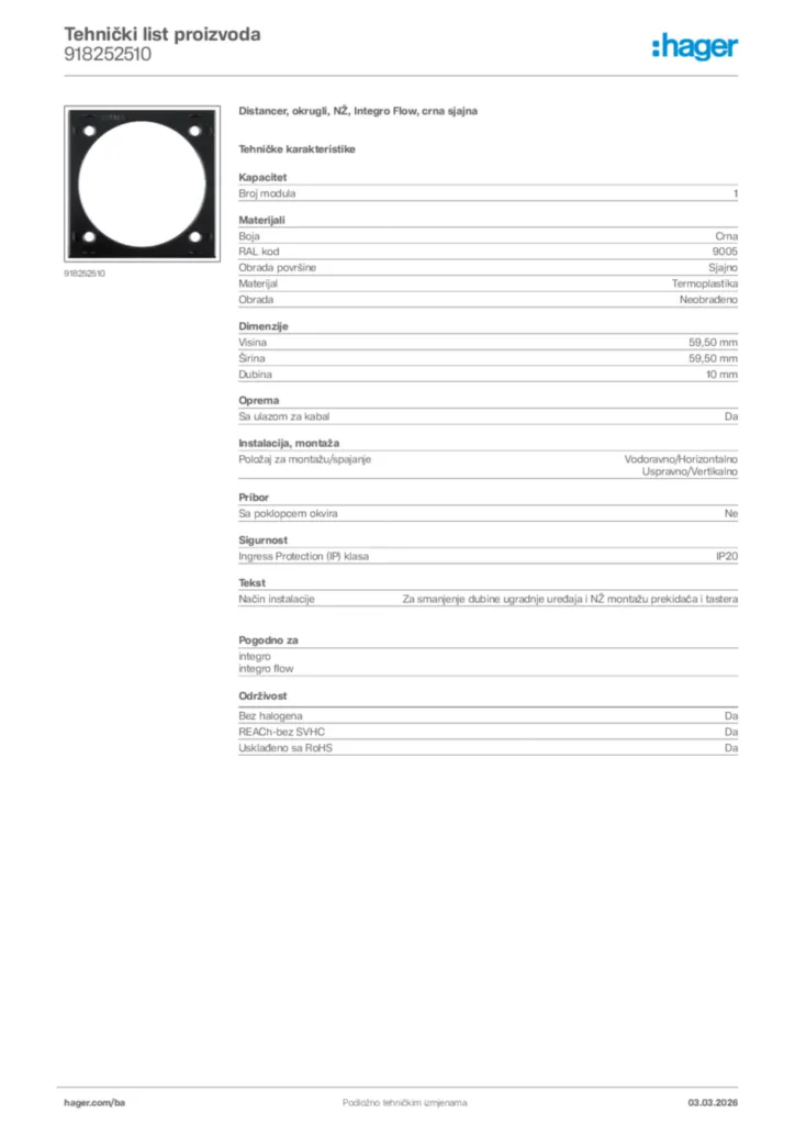 Slika Hager Tehnički list proizvoda 918252510  | Hager