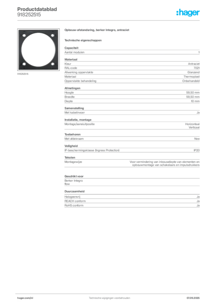 Afbeelding Hager Productdatablad 918252515 | Hager Nederland