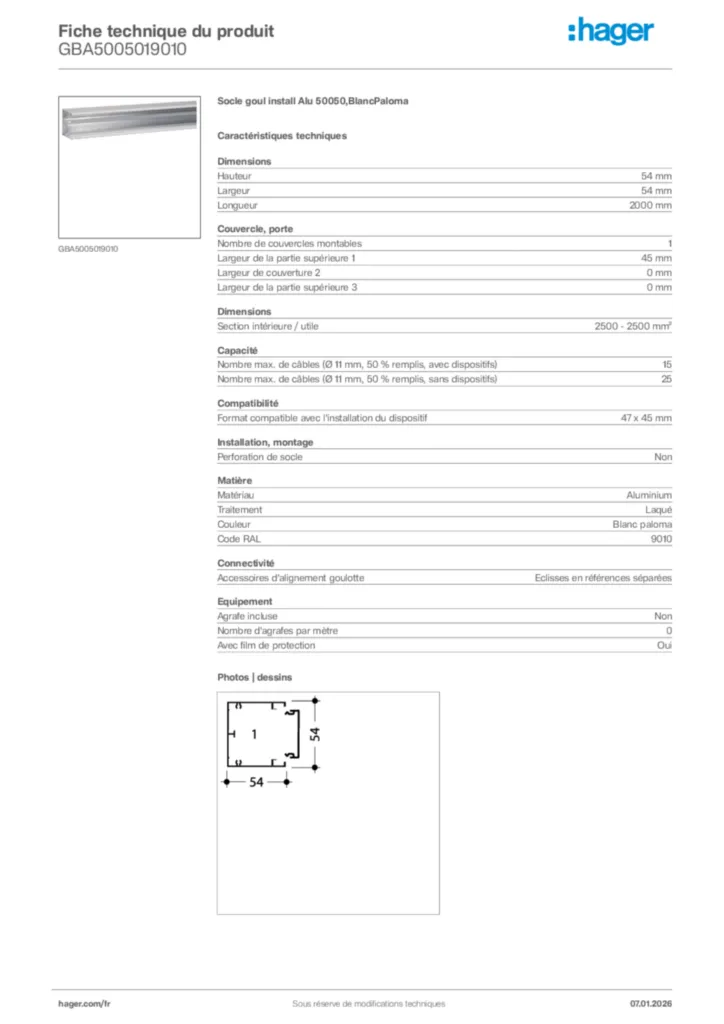 Image Hager Fiche technique du produit GBA5005019010 | Hager France