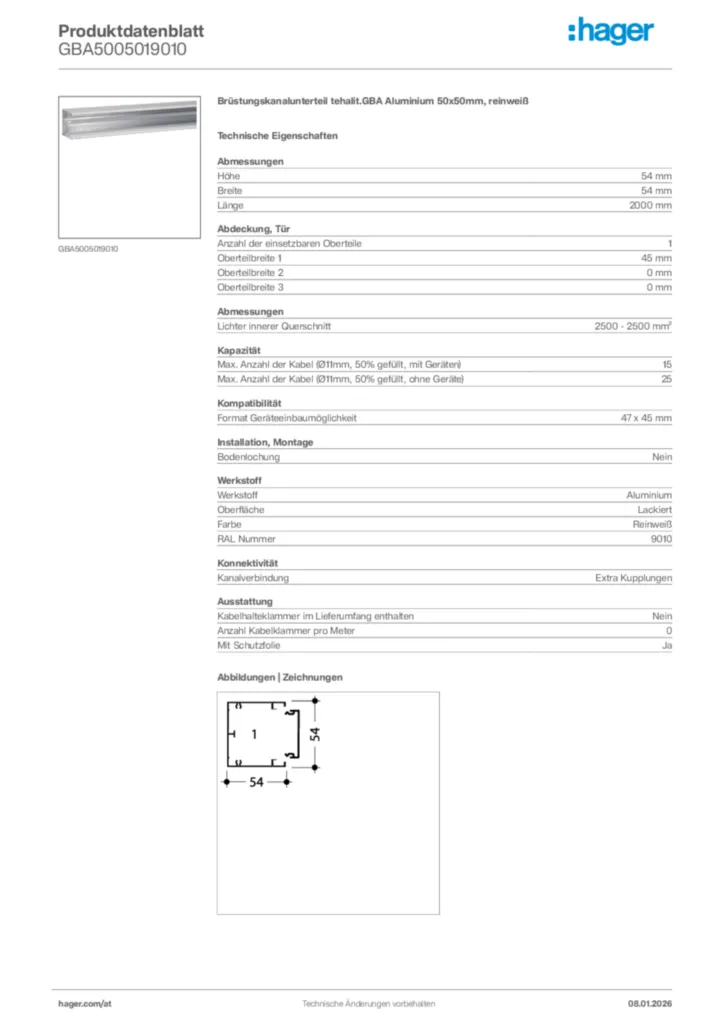 Bild Hager Produktdatenblatt GBA5005019010 | Hager Deutschland