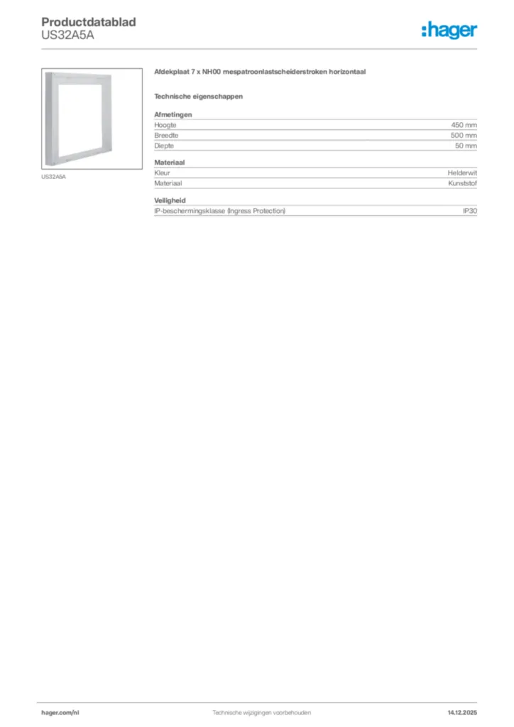 Afbeelding Hager Productdatablad US32A5A | Hager Nederland