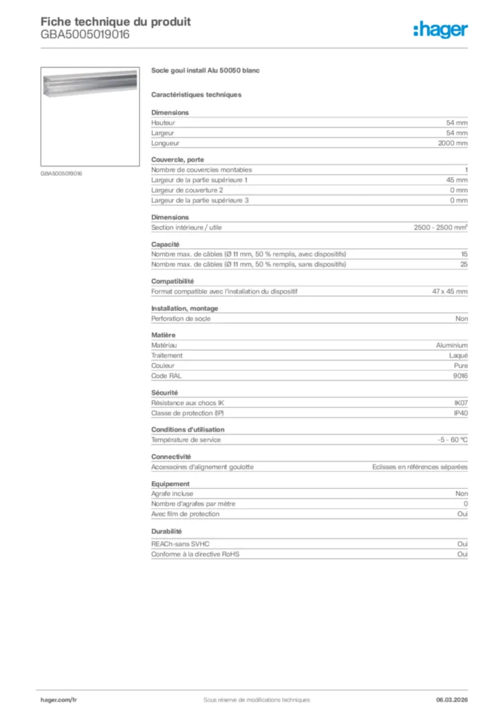Image Hager Fiche technique du produit GBA5005019016 | Hager France