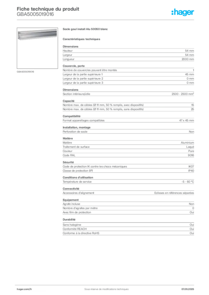 Image Hager Fiche technique du produit GBA5005019016 | Hager France
