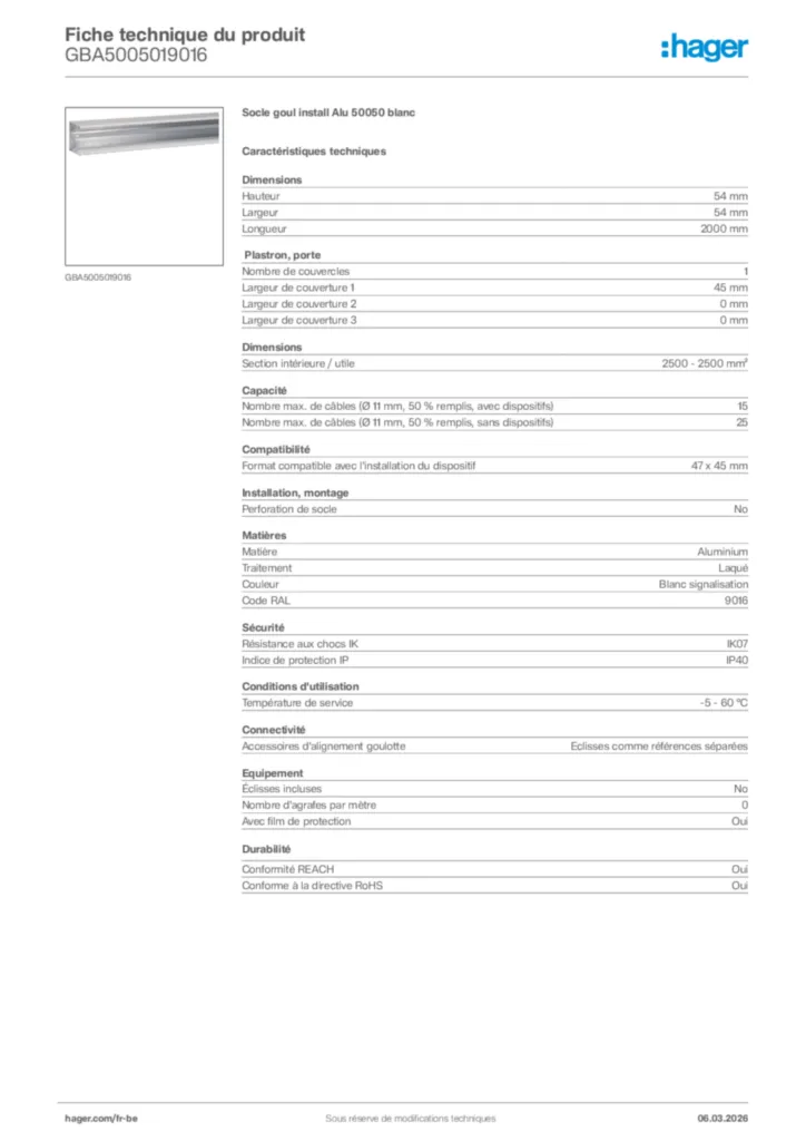 Image Hager Fiche technique du produit GBA5005019016 | Hager Belgique