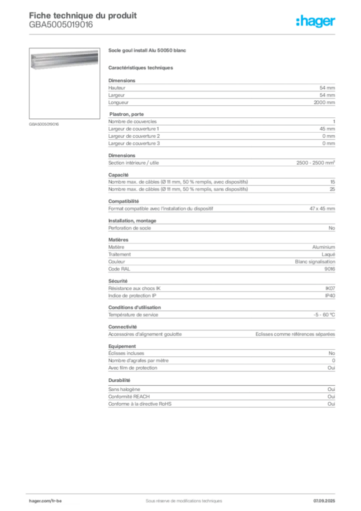 Image Hager Fiche technique du produit GBA5005019016 | Hager Belgique