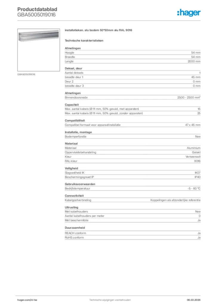 Afbeelding Hager Productdatablad GBA5005019016 | Hager Belgium