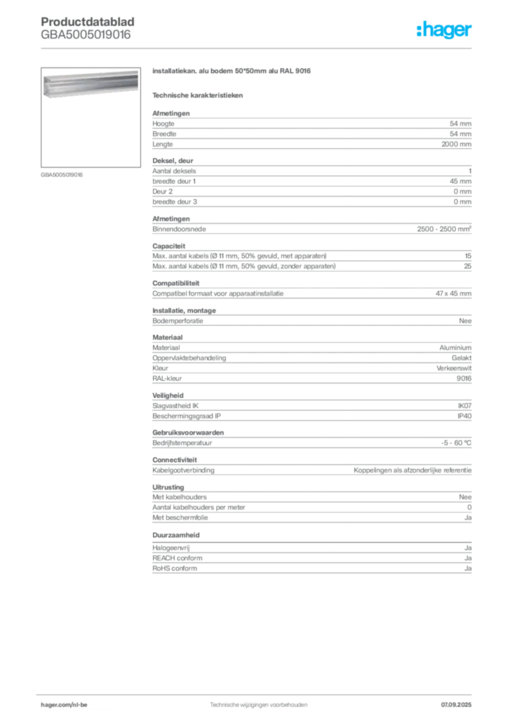 Afbeelding Hager Productdatablad GBA5005019016 | Hager Belgium