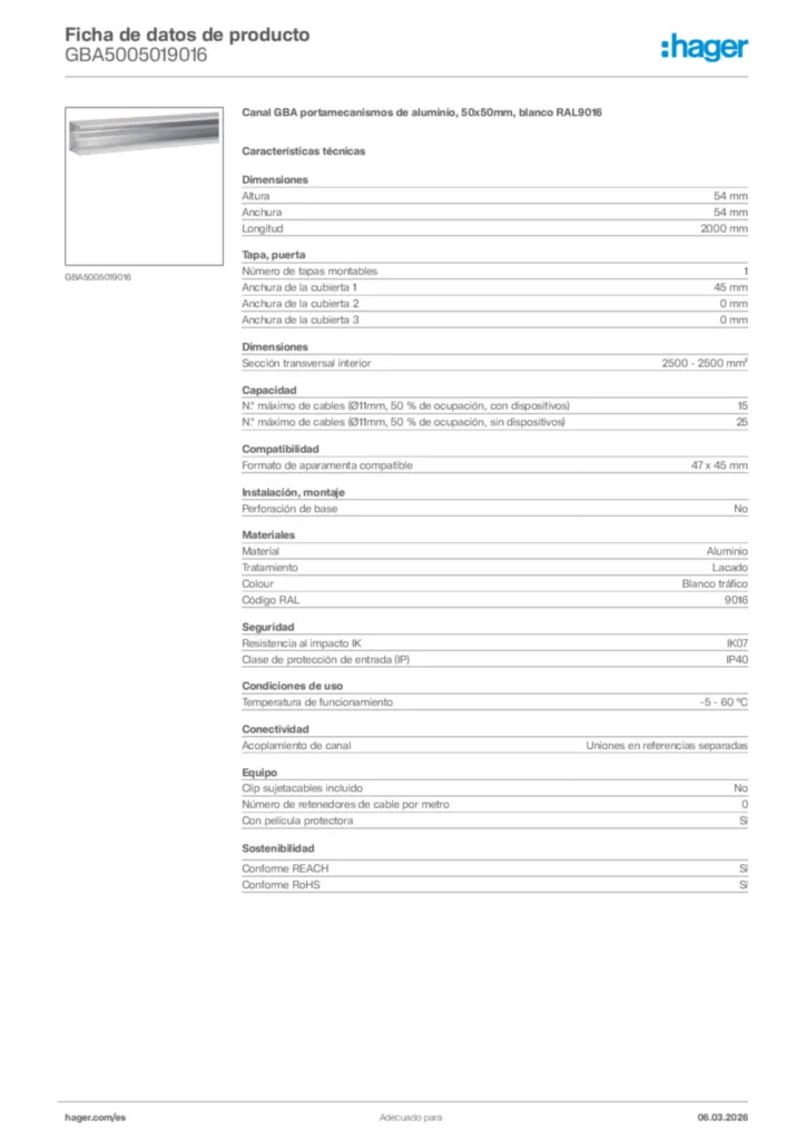 Imagen Hager Ficha de datos de producto GBA5005019016 | Hager España