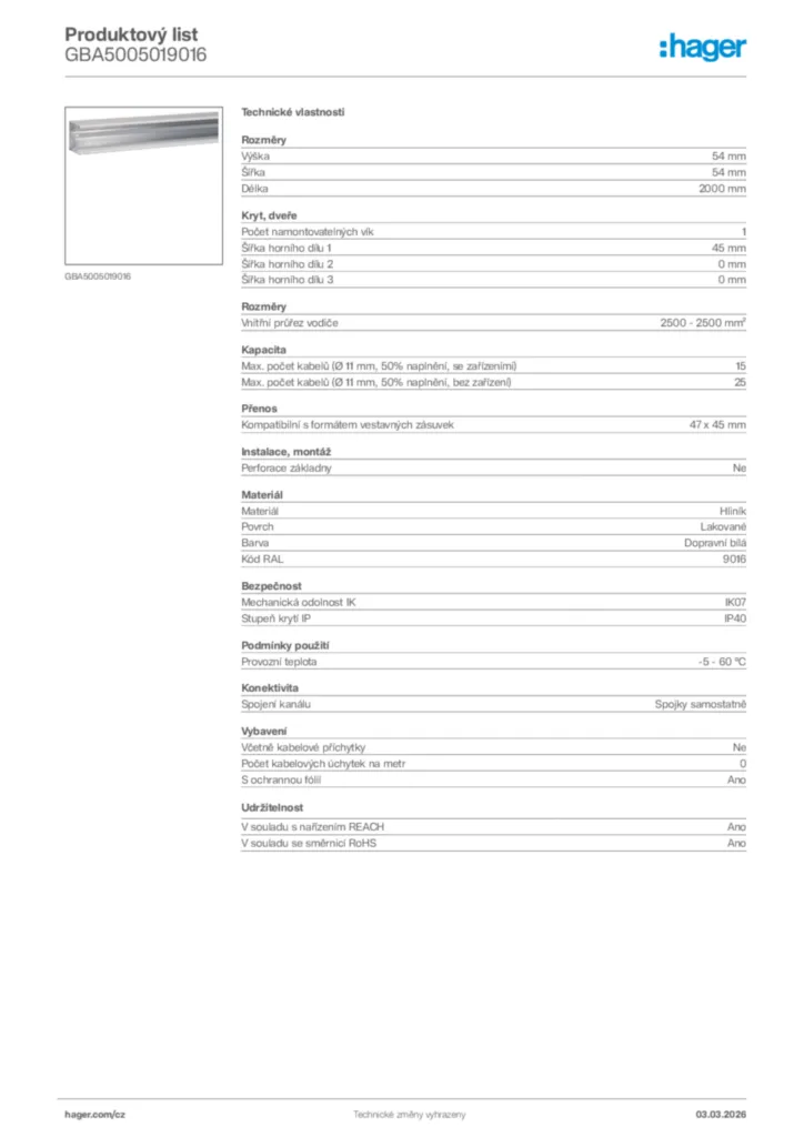 Obrázek Hager Product data sheet GBA5005019016 | Hager