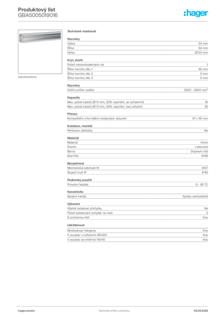 Obrázek Hager Produktový list GBA5005019016 | Hager