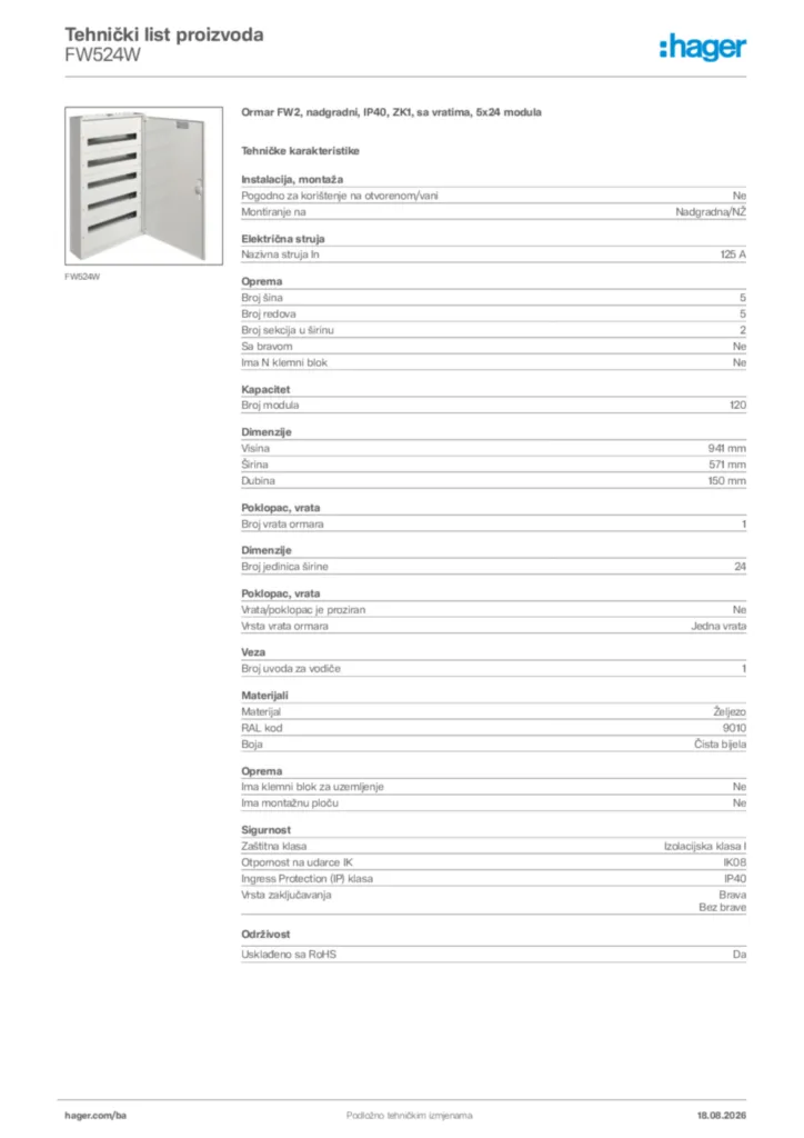 Slika Hager Tehnički list proizvoda FW524W  | Hager