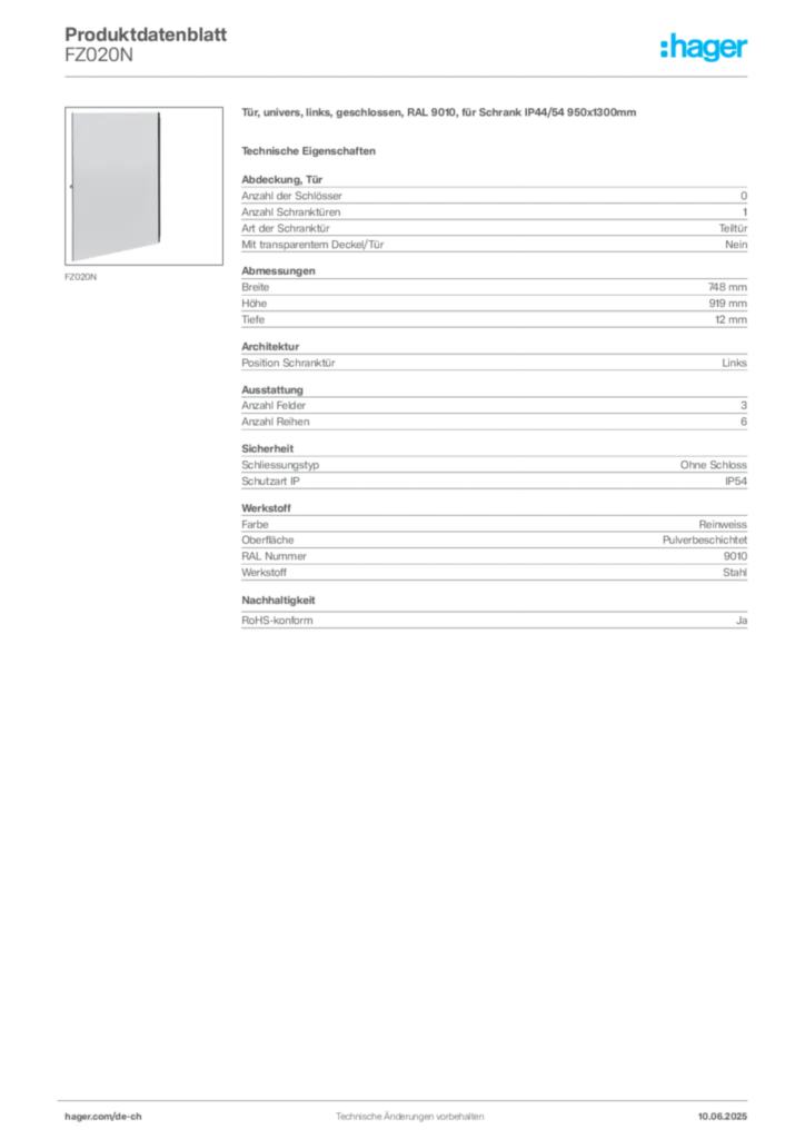 Bild Hager Produktdatenblatt FZ020N | Hager Schweiz