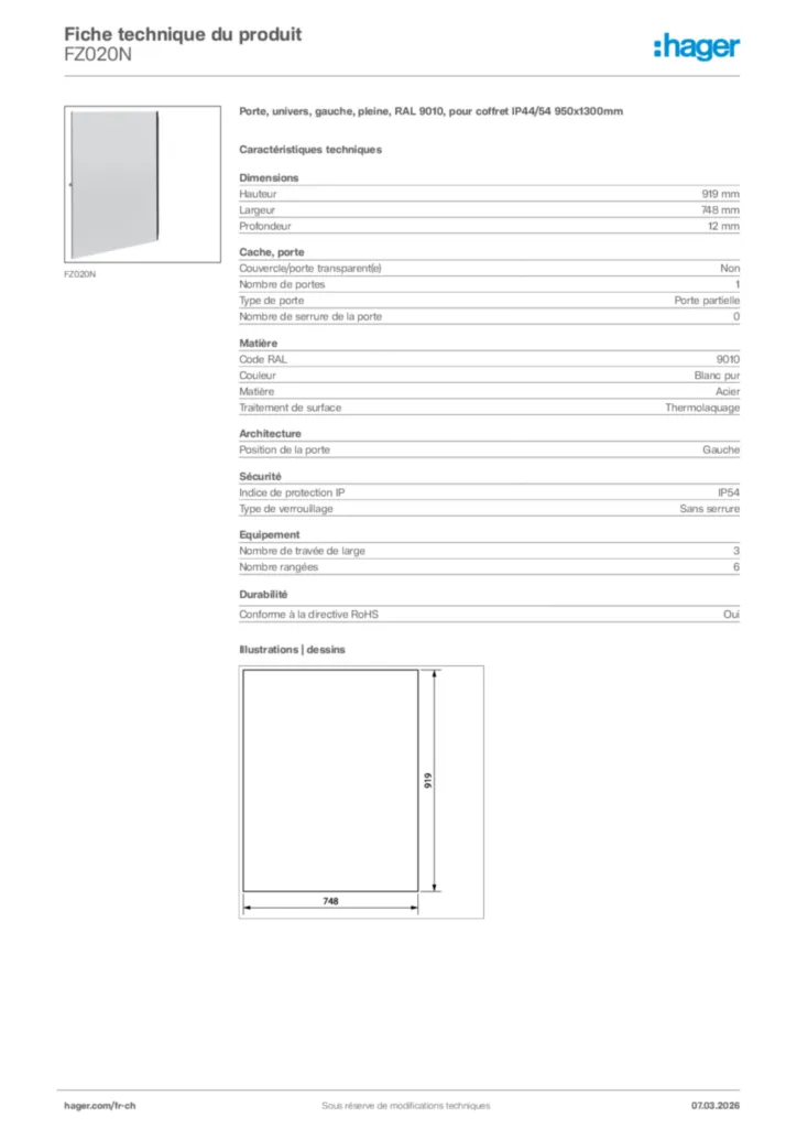 Image Hager Fiche technique du produit FZ020N | Hager Suisse