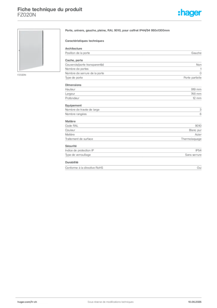 Image Hager Fiche technique du produit FZ020N | Hager Suisse