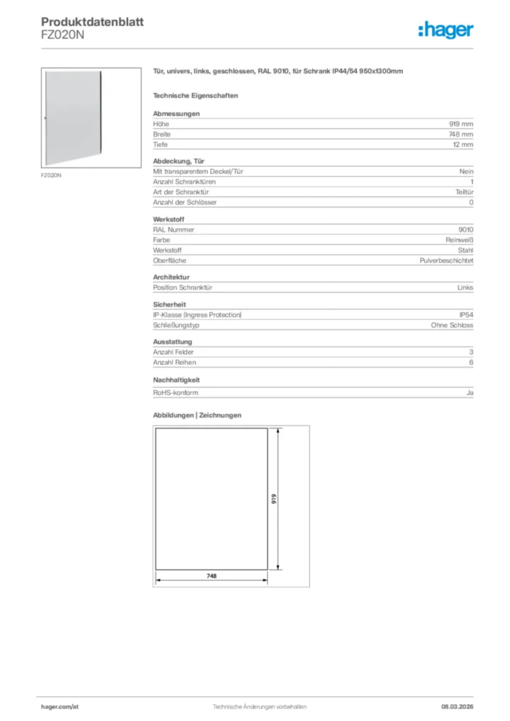 Bild Hager Produktdatenblatt FZ020N | Hager Deutschland