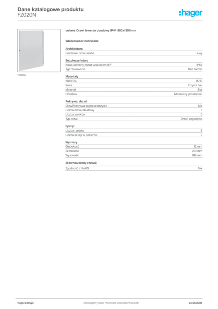 Zdjęcie Hager Karta katalogowa FZ020N | Hager Polska