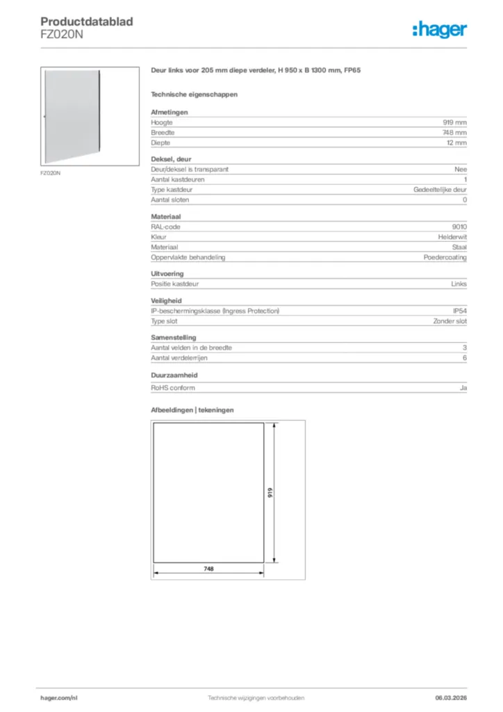 Afbeelding Hager Productdatablad FZ020N | Hager Nederland