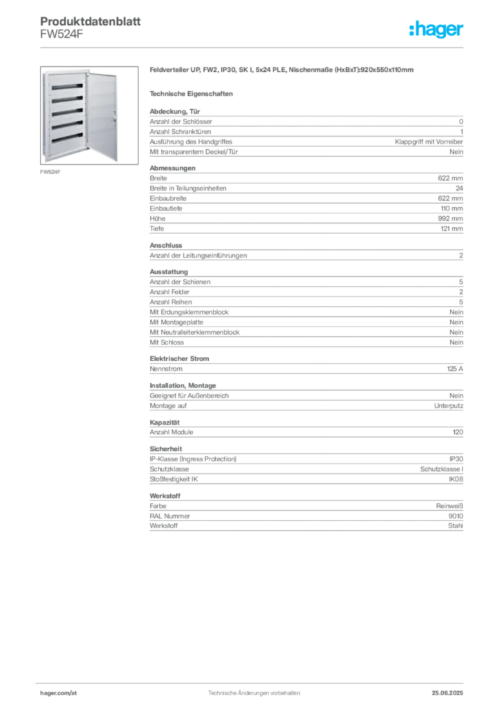 Bild Hager Produktdatenblatt FW524F | Hager Deutschland
