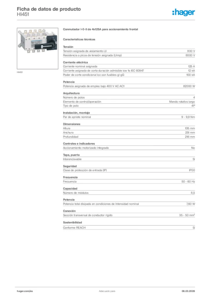 Imagen Hager Ficha de datos de producto HI451 | Hager España