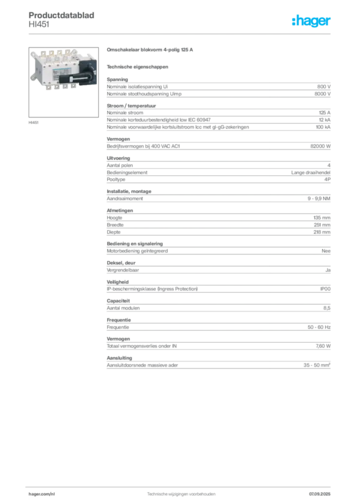 Afbeelding Hager Productdatablad HI451 | Hager Nederland