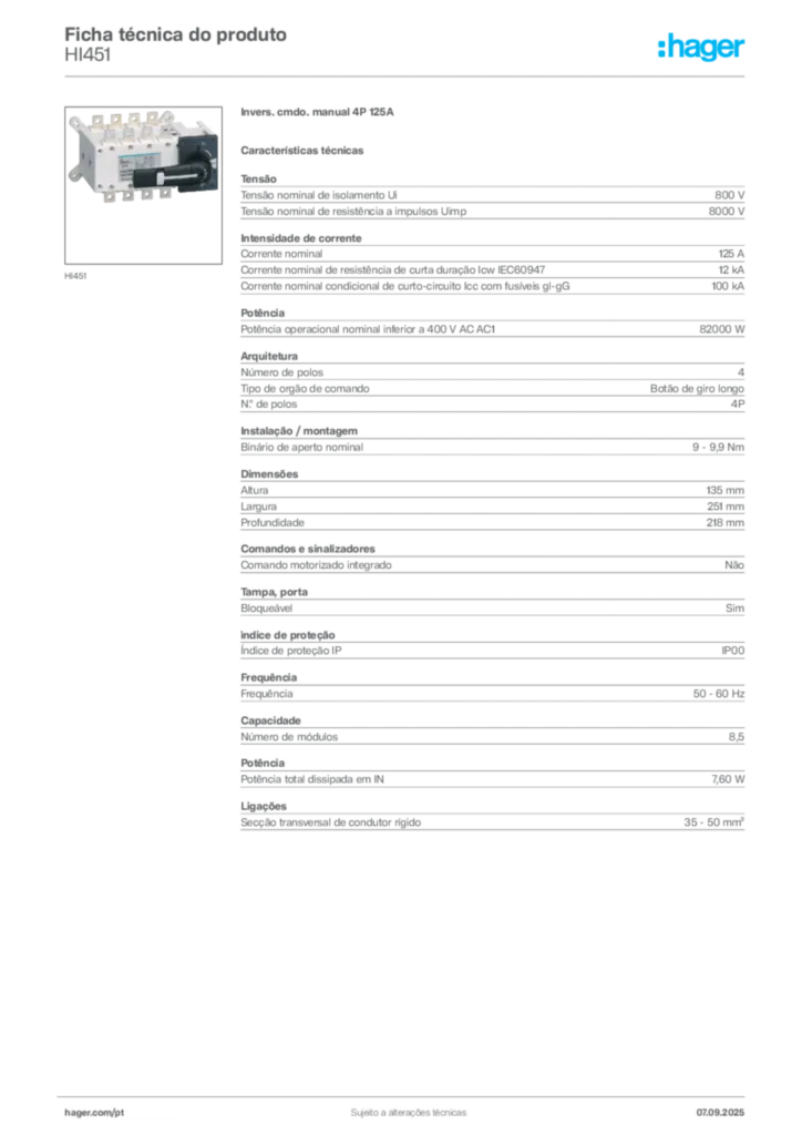 Imagem Hager Ficha técnica do produto HI451 | Hager Portugal