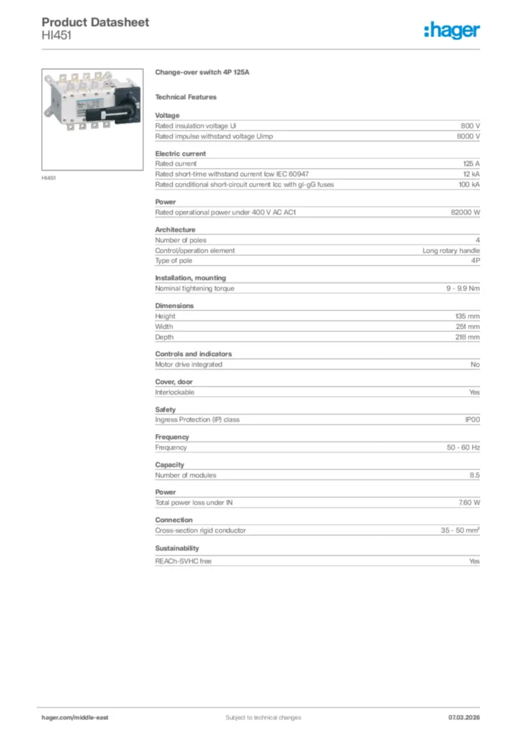 Image Hager Product data sheet HI451  | Hager