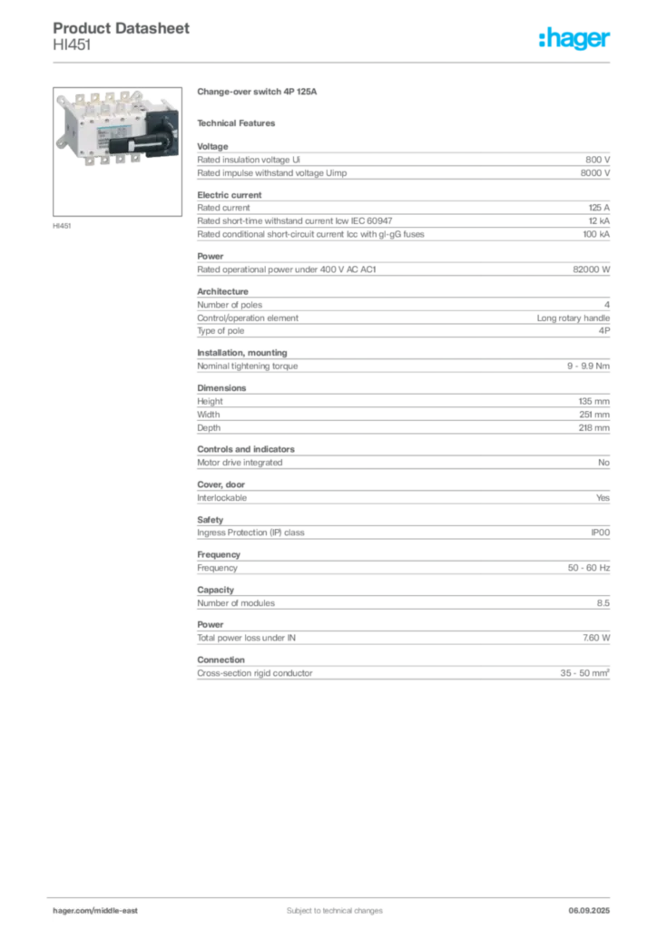 Image Hager Product data sheet HI451  | Hager