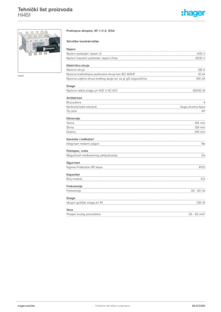Slika Hager Product data sheet HI451  | Hager
