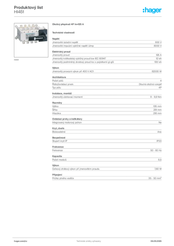 Obrázek Hager Produktový list HI451 | Hager