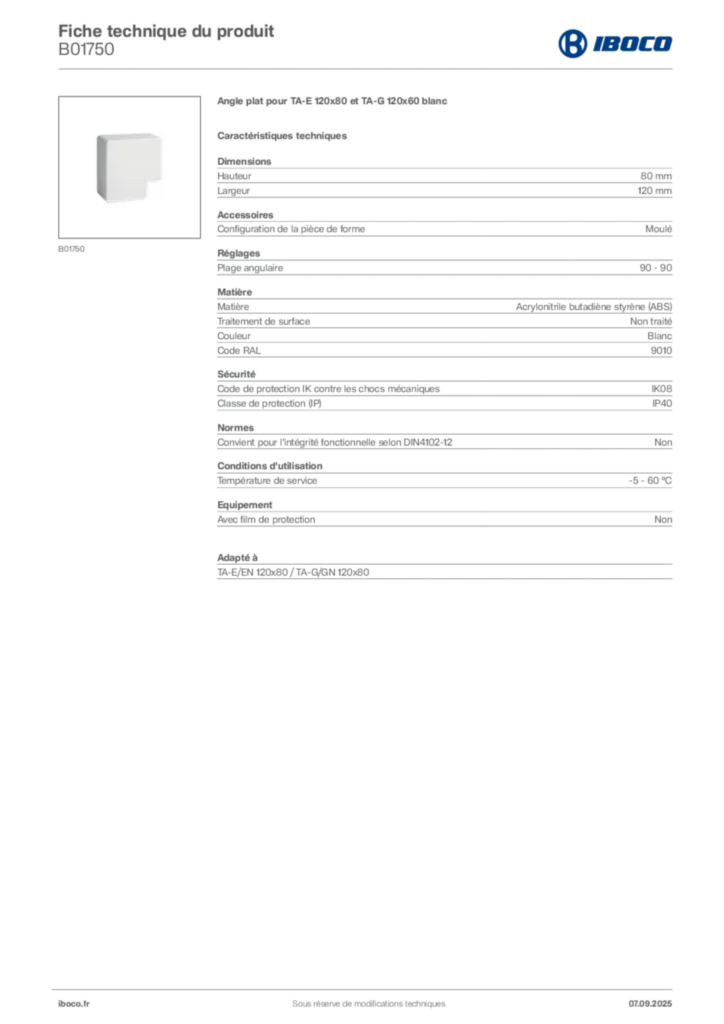 Image Iboco Fiche technique du produit B01750 | Hager France