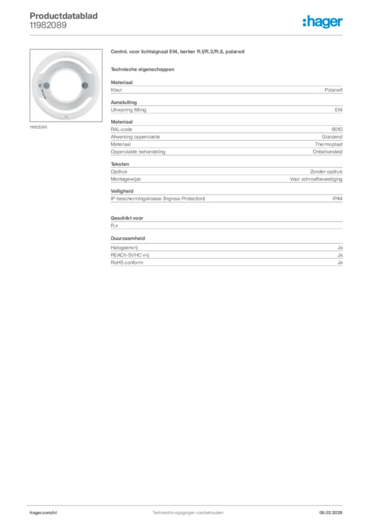 Afbeelding Hager Productdatablad 11982089 | Hager Nederland