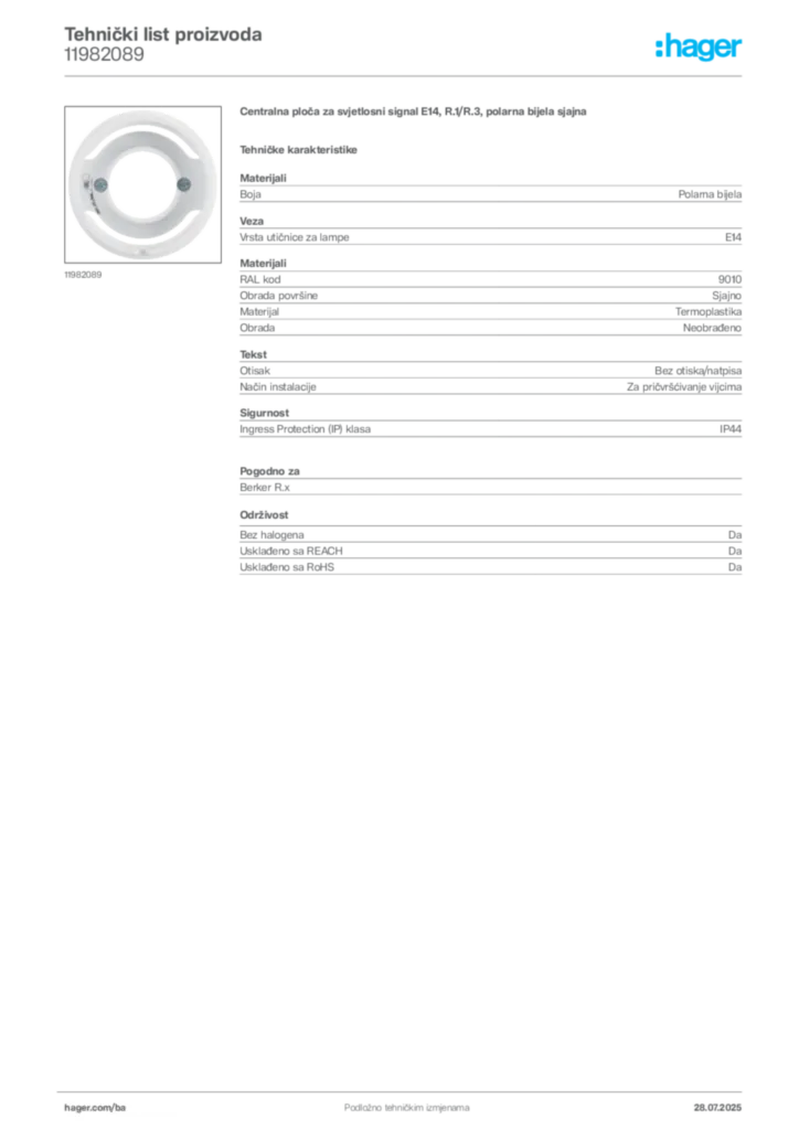 Slika Hager Product data sheet 11982089  | Hager