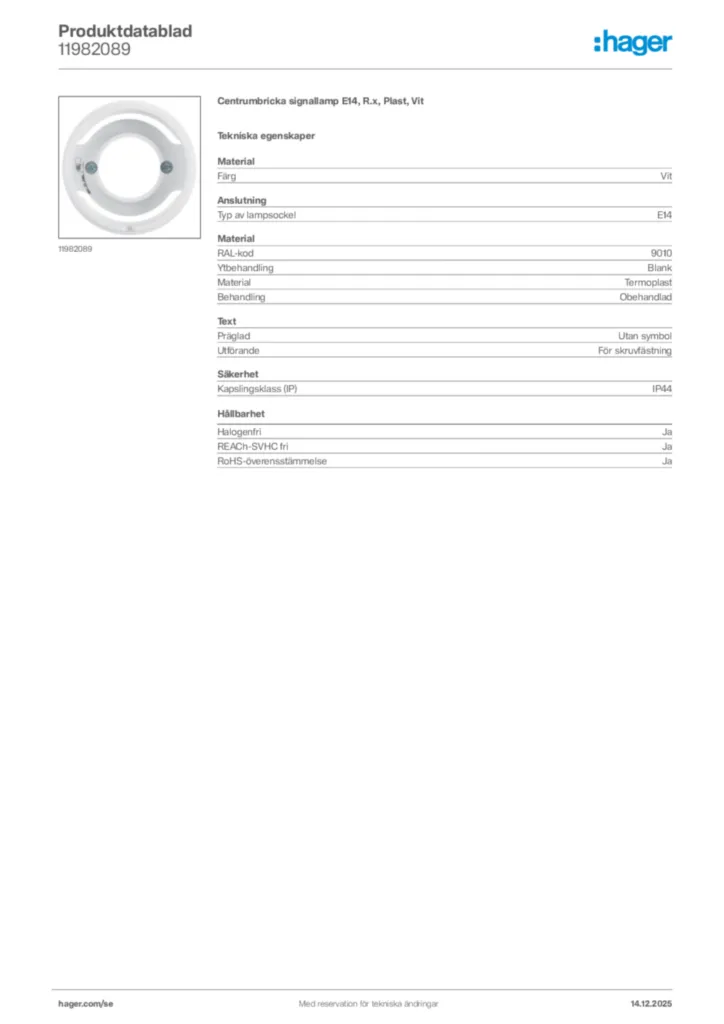 Bild Hager Produktdatablad 11982089 | Hager Sverige