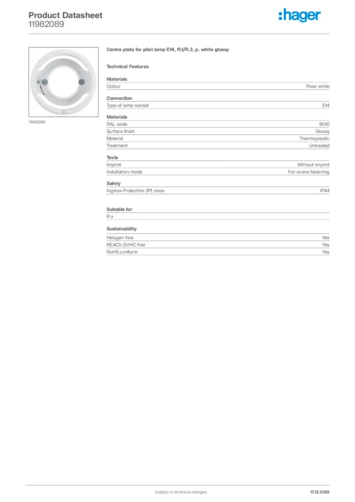 Image Hager Product data sheet 11982089  | Hager