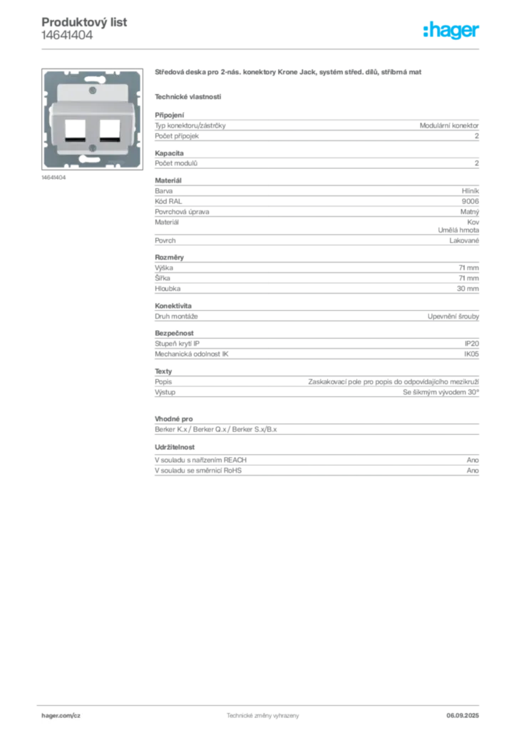 Obrázek Hager Produktový list 14641404 | Hager